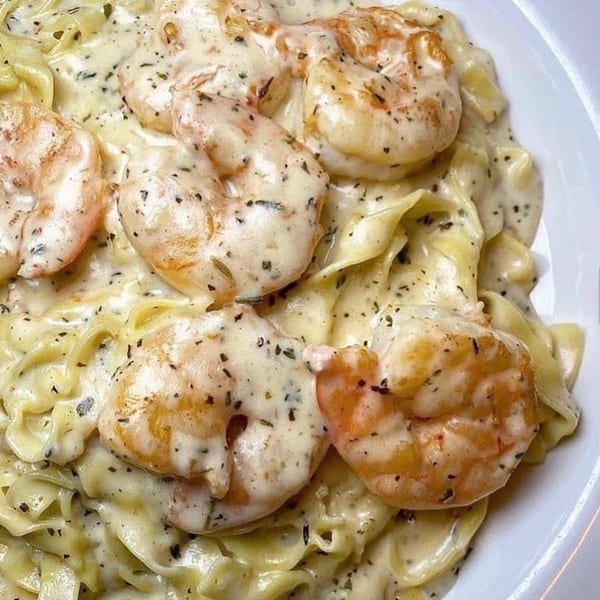 Creamy shrimp fettuccine alfredo with herbs, a classic Italian dish from Cafe Gia Baltimore.
