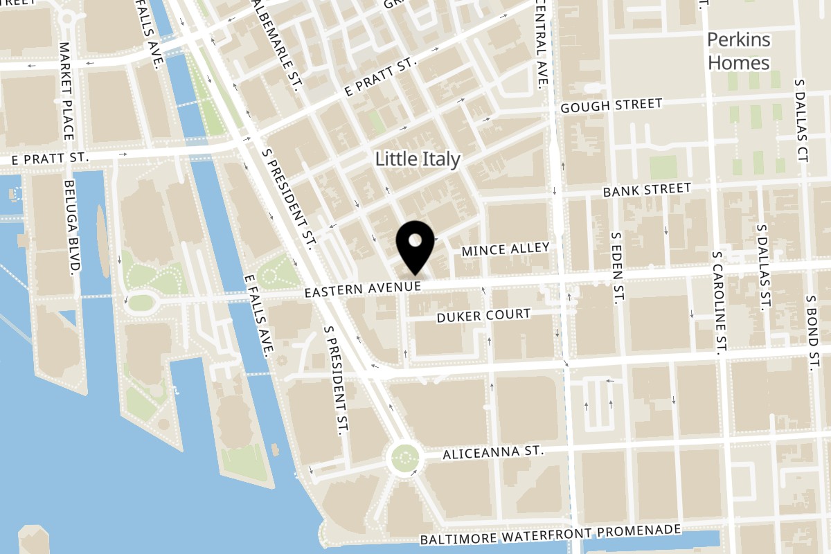 Map showing the location of Cafe Gia Baltimore on 410 S High St in Baltimore
